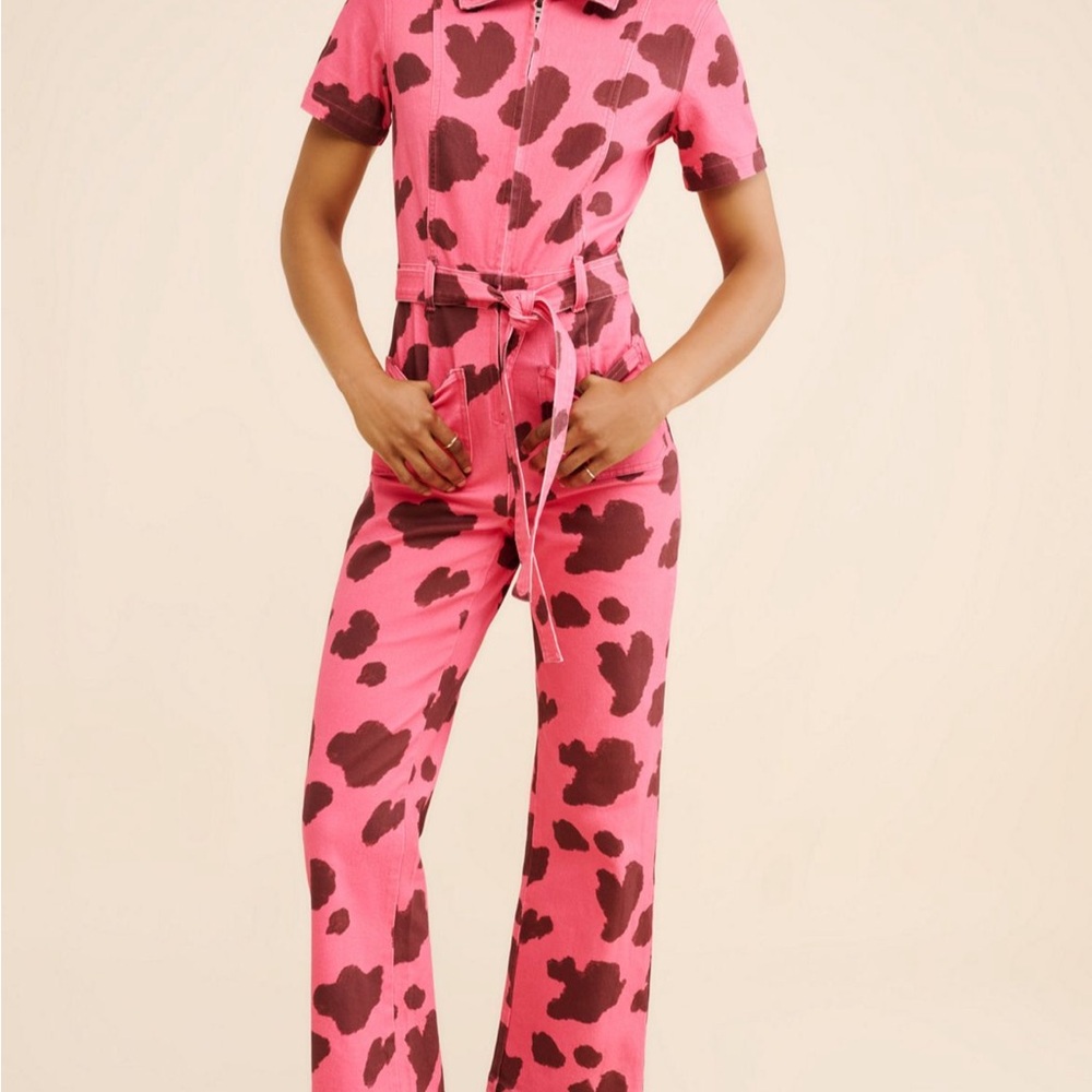 Anthropologie Pink and Brown Cow Print Jumpsuit